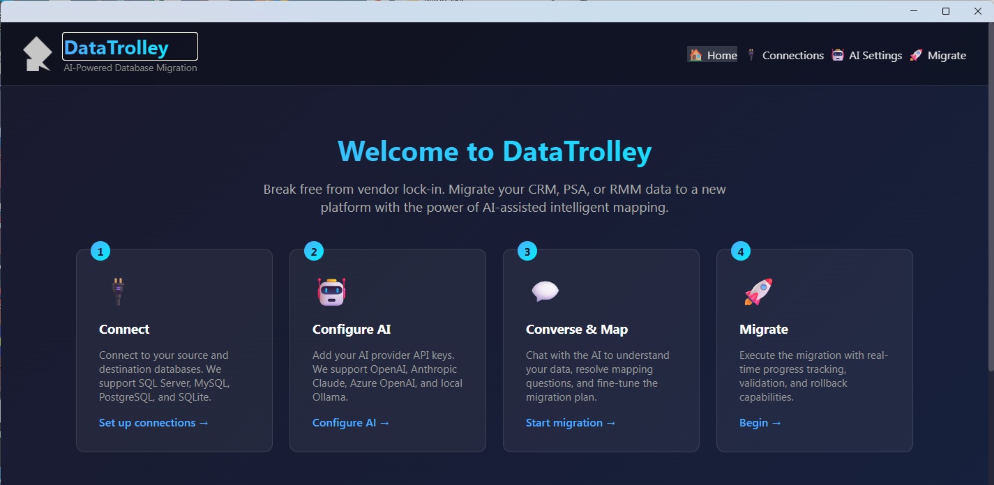 DataTrolley AI-Powered Data Migration Tool - CRM PSA RMM migration with intelligent field mapping