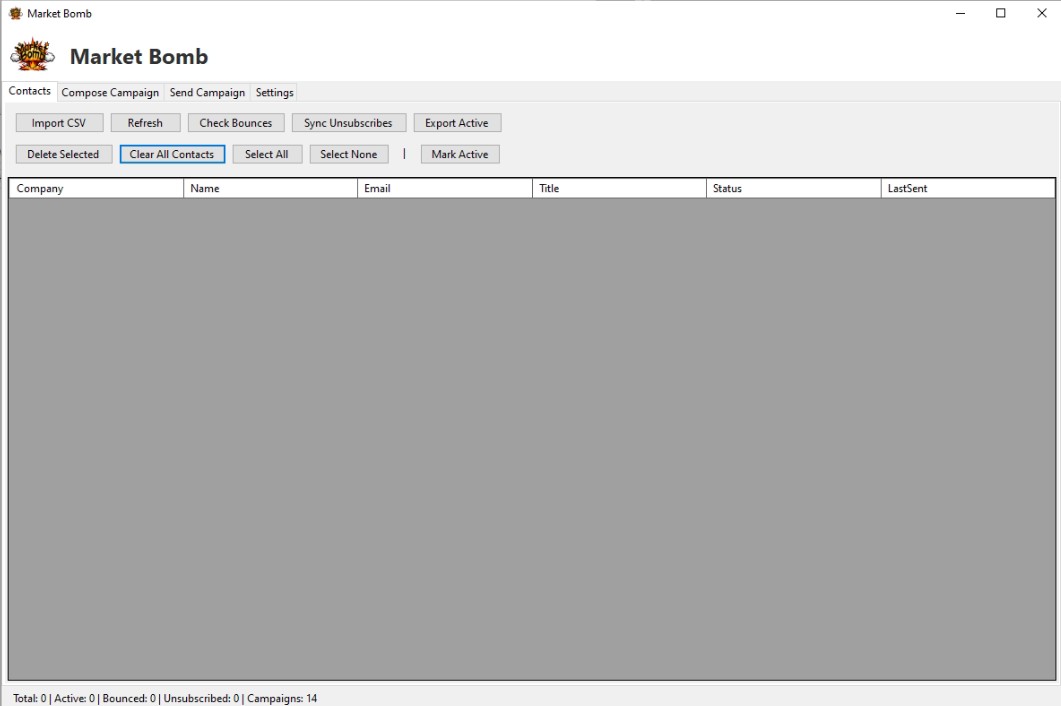 MarketBomb Email Marketing Software Interface - Contact management, campaign creation, and bulk email sending